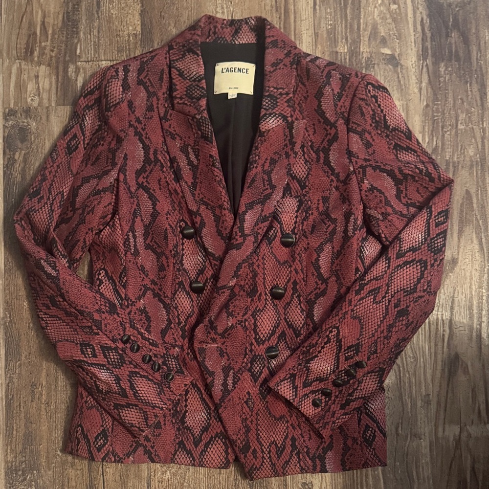 L'AGENCE Double-Breasted Pink Snake Print Blazer